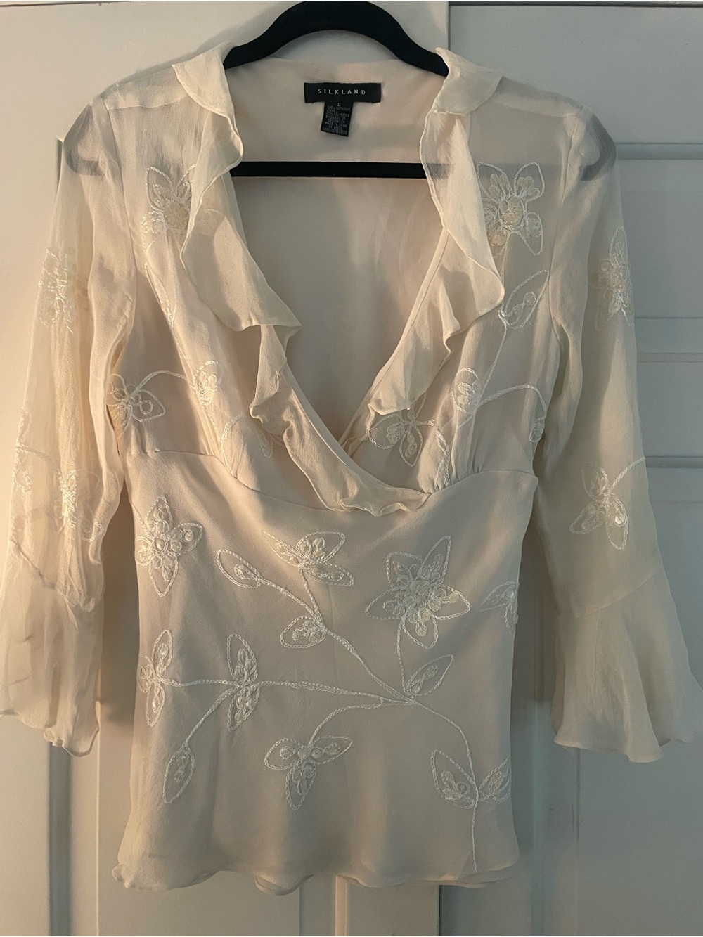 SilkLand Ivory Floral Ruffle V-Neck Blouse
